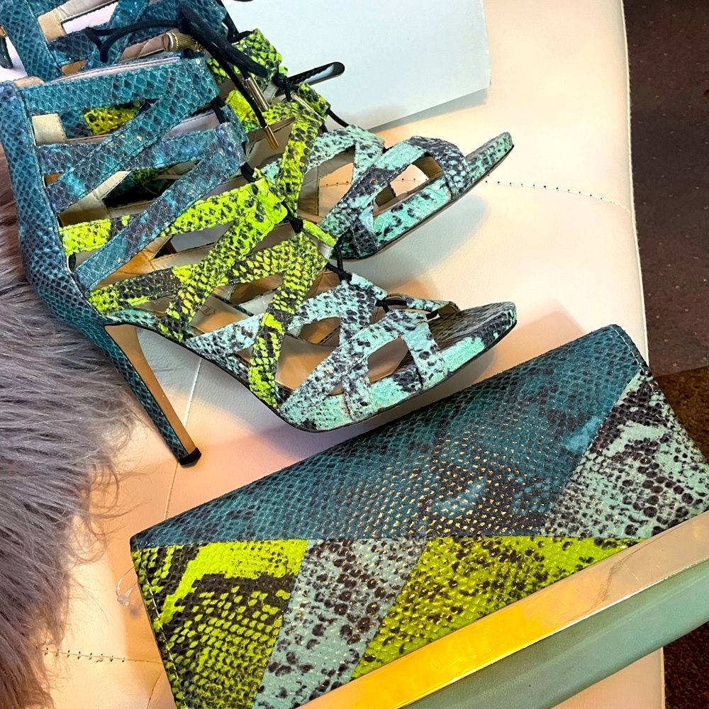 Aldo Blue & Green Snake Set (heels & clutch)